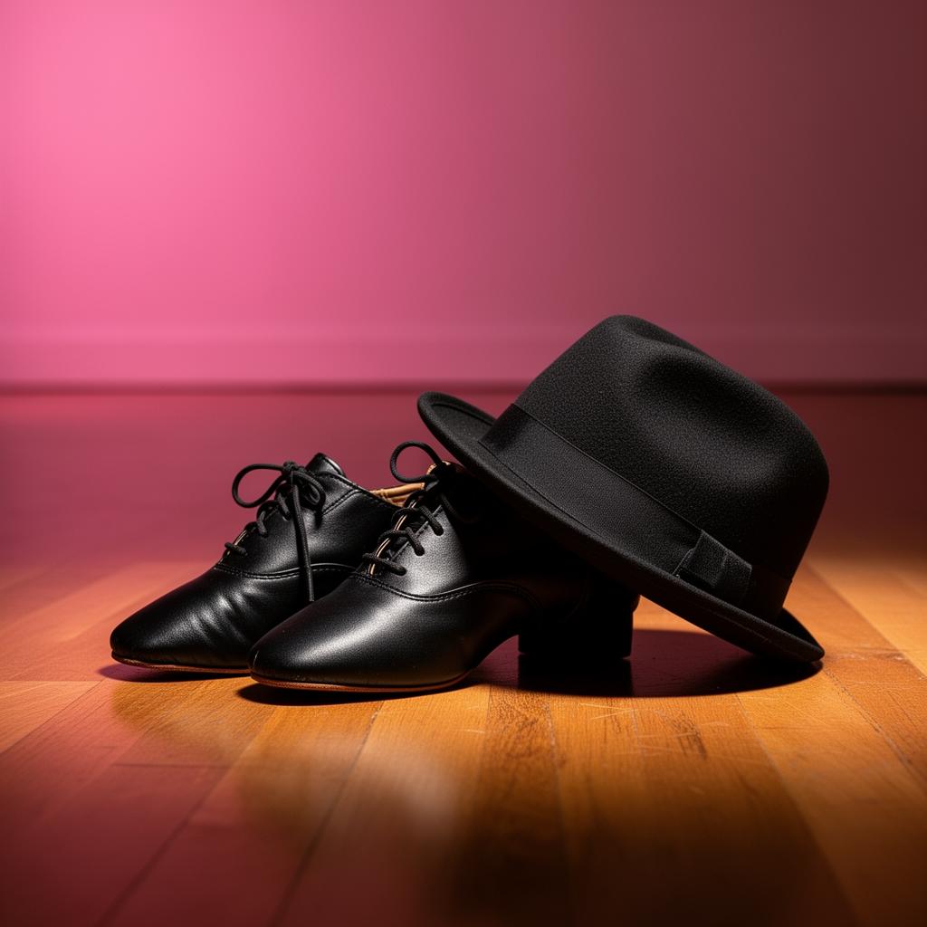 Black jazz shoes and fedora hat on studio floor