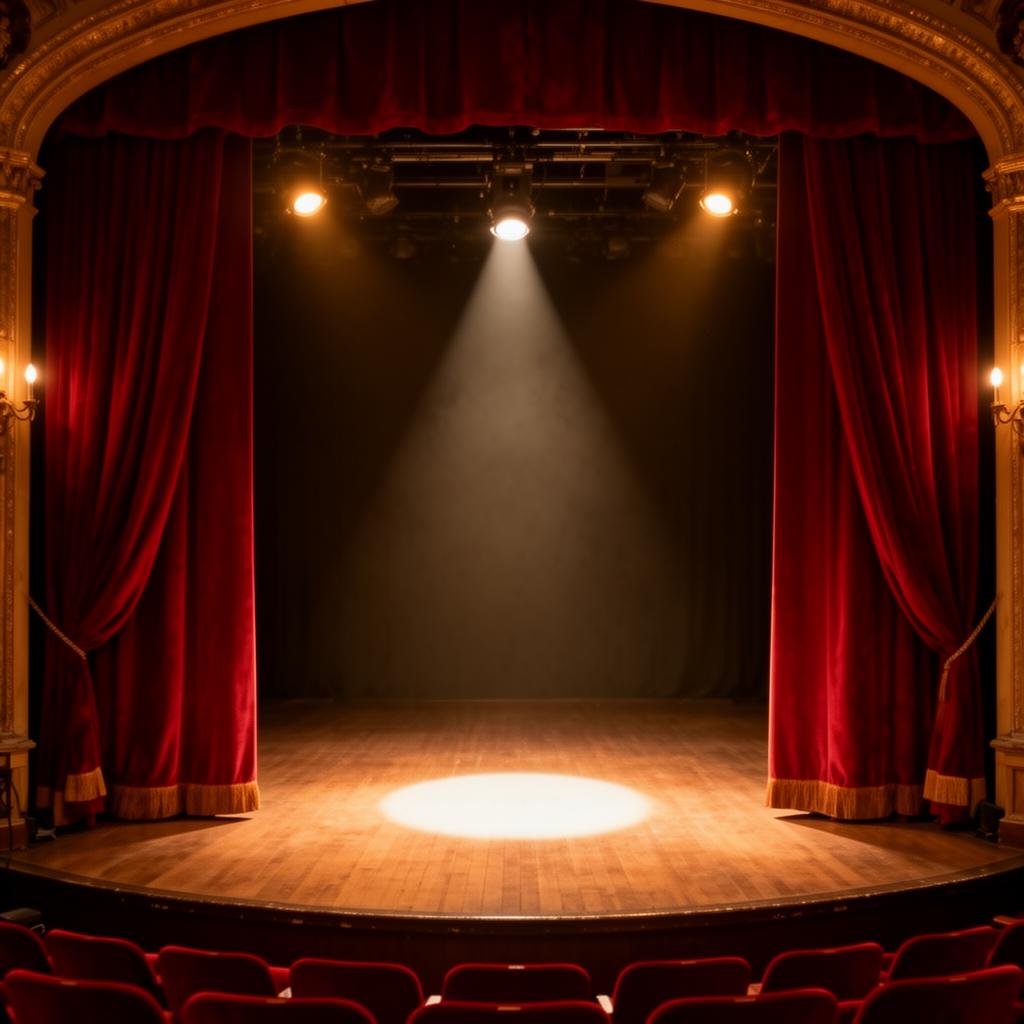 Theater stage with red velvet curtains and spotlight