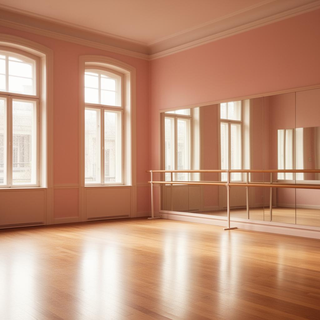 Sunlit dance studio with ballet barre and mirrored wall